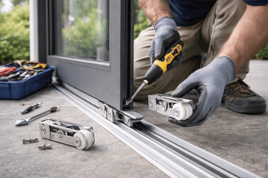Miami sliding door technician replacing roller assembly in patio door
