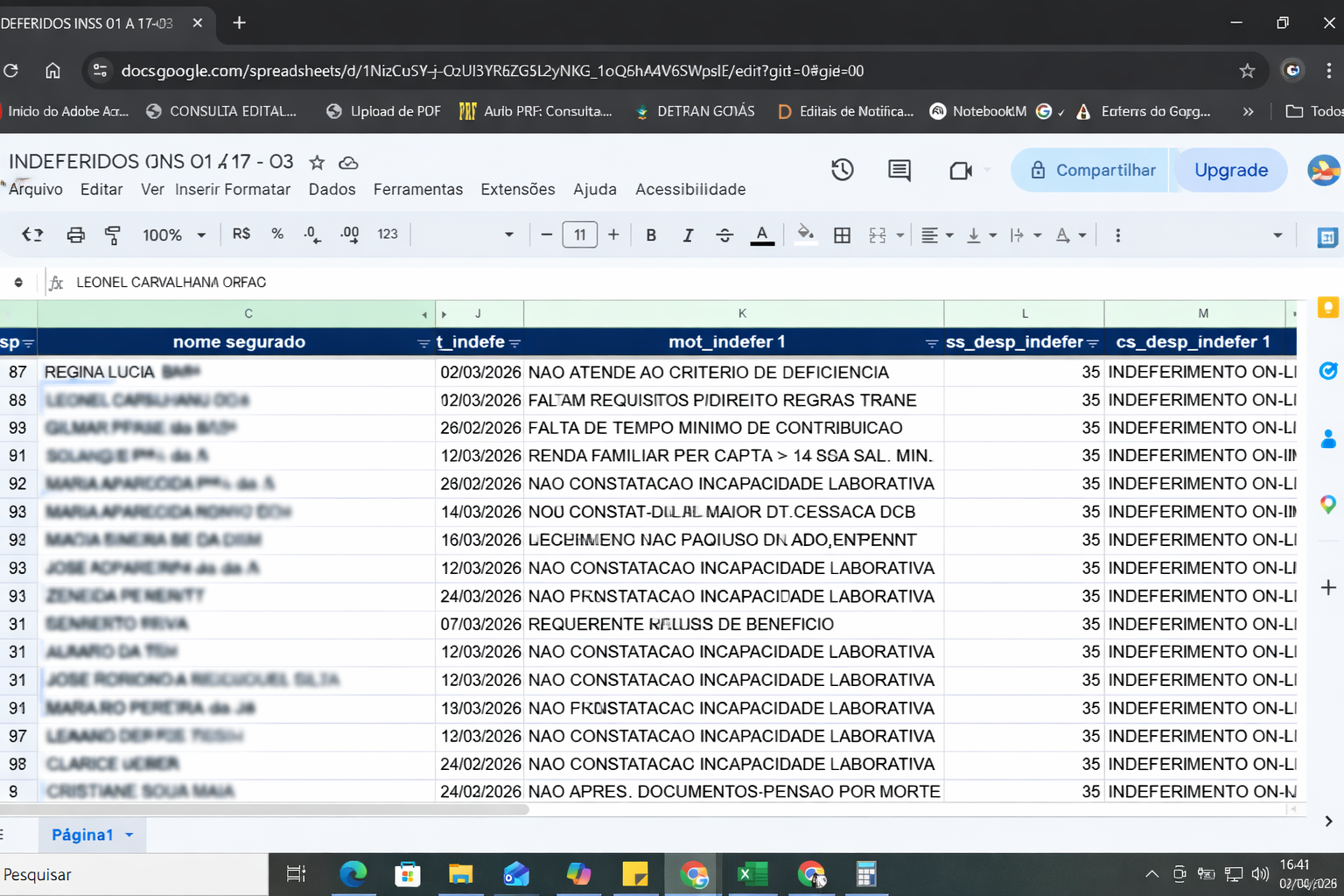 Planilha de benefícios indeferidos pelo INSS