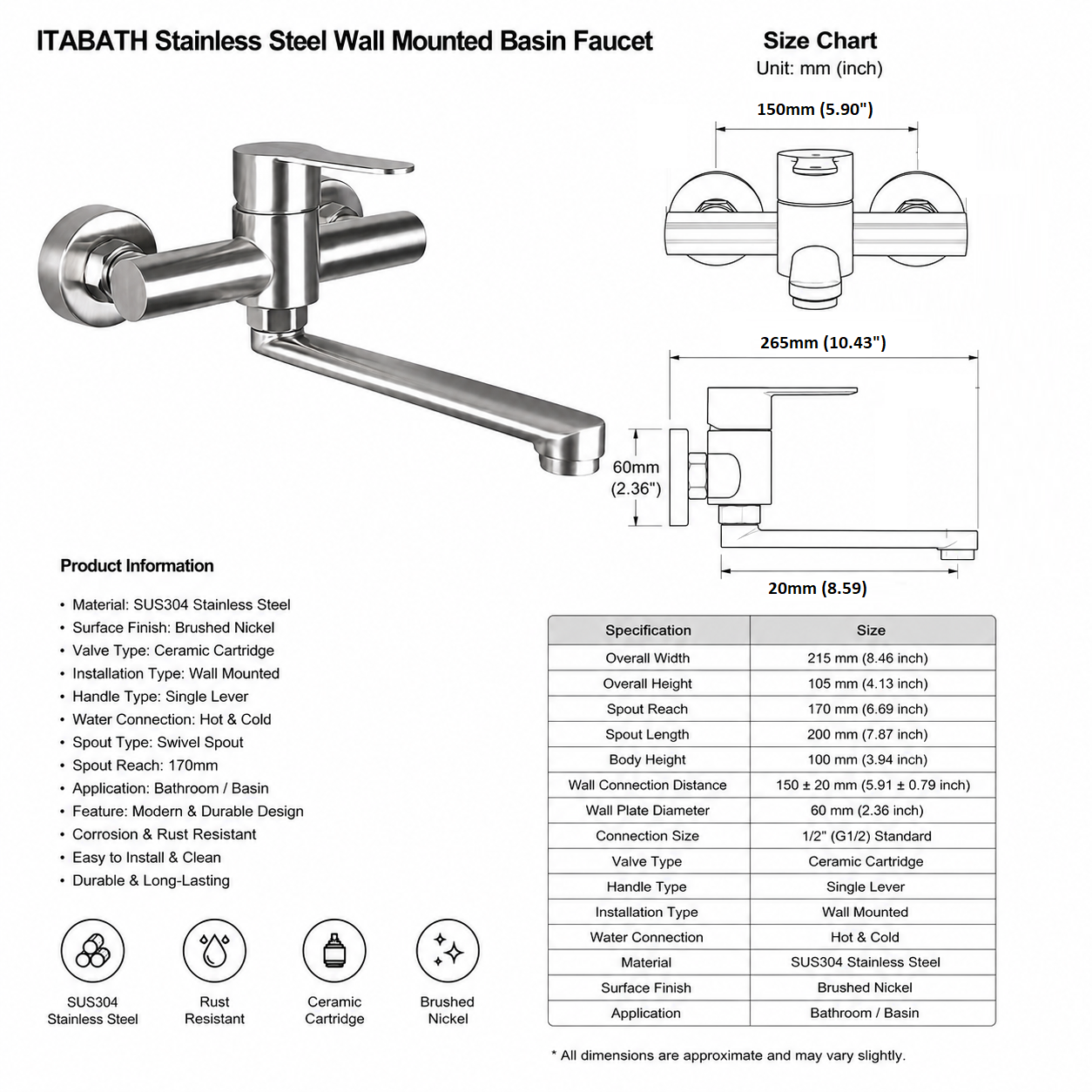 კედლის სამზარეულოს შემრევი ონკანი Itabath SUS304 Wall Mounted Kitchen Mixer thumbnail 2
