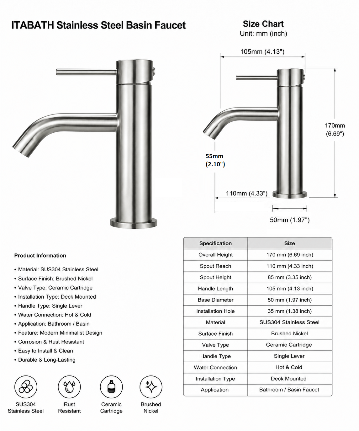 ხელსაბანის შემრევი ონკანი Itabath SUS304 Basin Mixer thumbnail 2