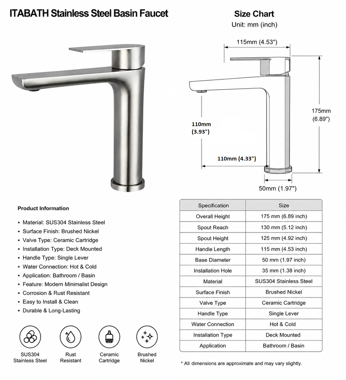 ხელსაბანის შემრევი ონკანი Itabath SUS304 Basin Mixer thumbnail 2