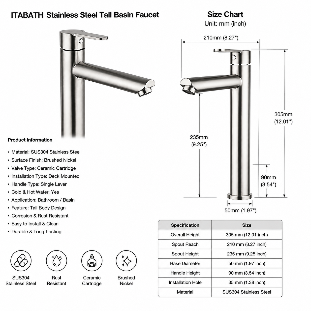 მაღალი ხელსაბანის შემრევი ონკანი Itabath SUS304 Tall Basin Mixer thumbnail 2