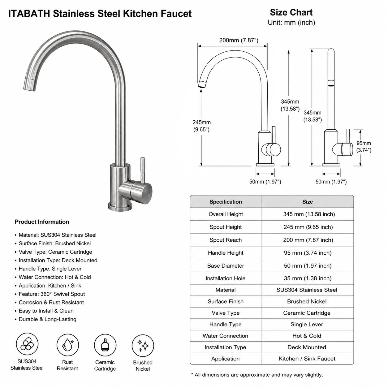 მაღალი სამზარეულოს შემრევი ონკანი Itabath SUS304 High Arc Kitchen Mixer thumbnail 2