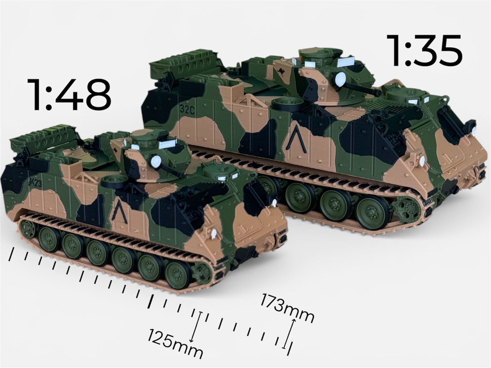 Side by side comparison of 1:48 and 1:35 scale military vehicle models