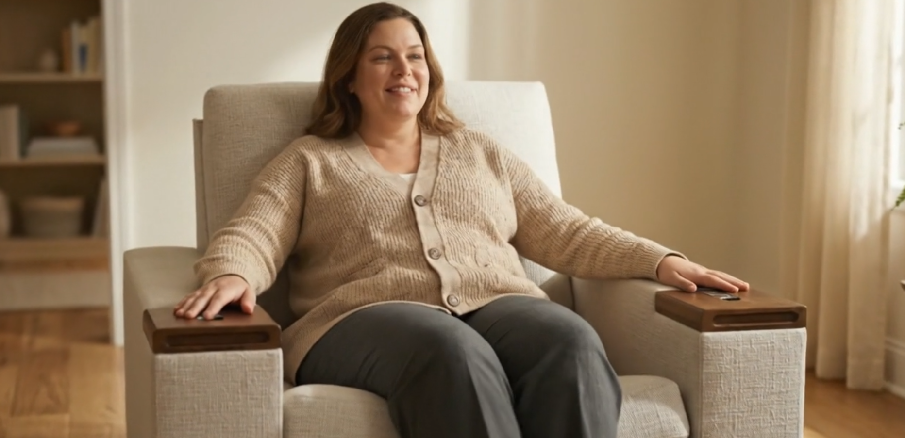 Person seated comfortably in The Comfy Chair
