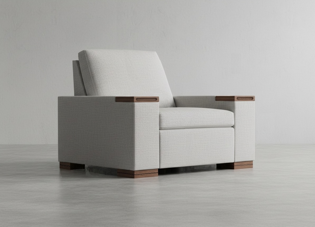 The Comfy Chair: 3/4 view showing hardwood arm caps and base