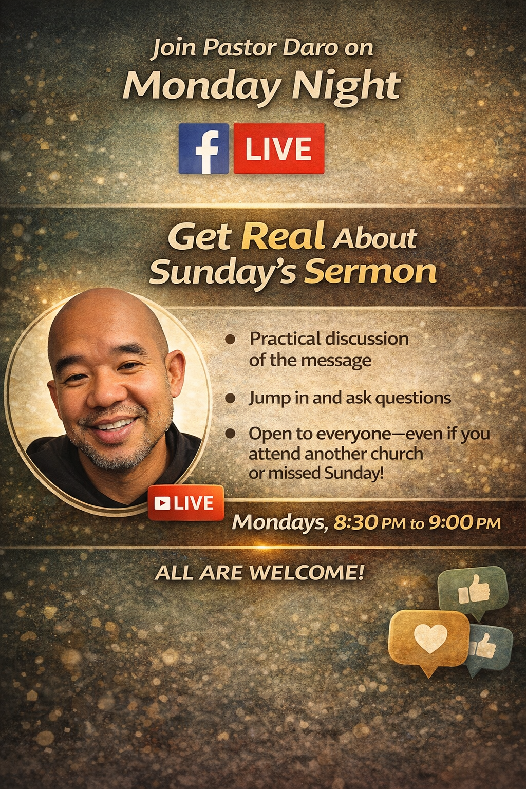 Monday Night Facebook Live flyer at 1Love Christian Church in Boise — Pastor Daro reflects on Sunday sermons