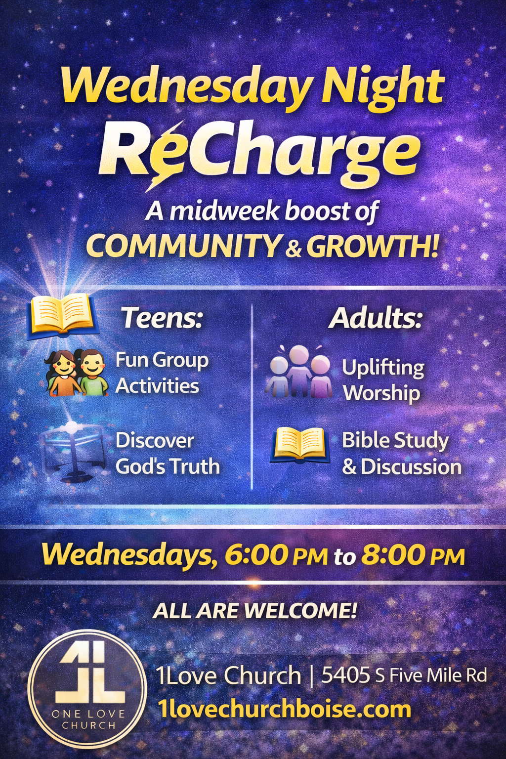 Wednesday Night Recharge flyer at 1Love Christian Church in Boise — midweek community and Bible study