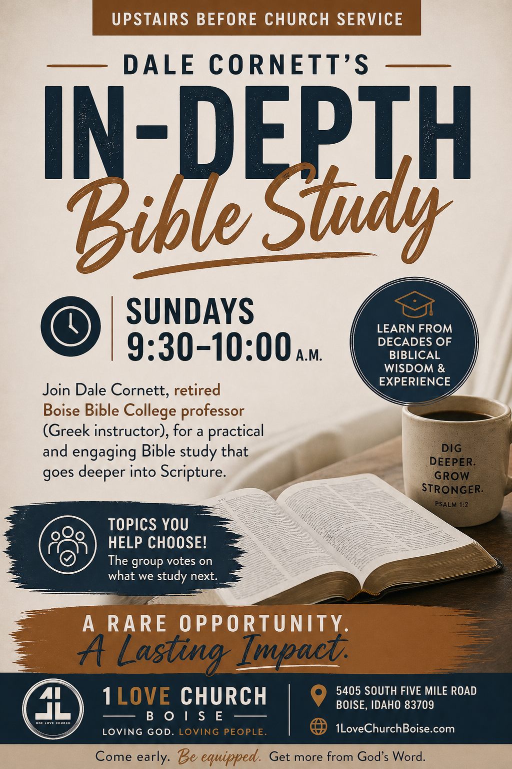 In-Depth Bible Study flyer at 1Love Christian Church in Boise — Sunday morning Bible study led by Dale Cornett