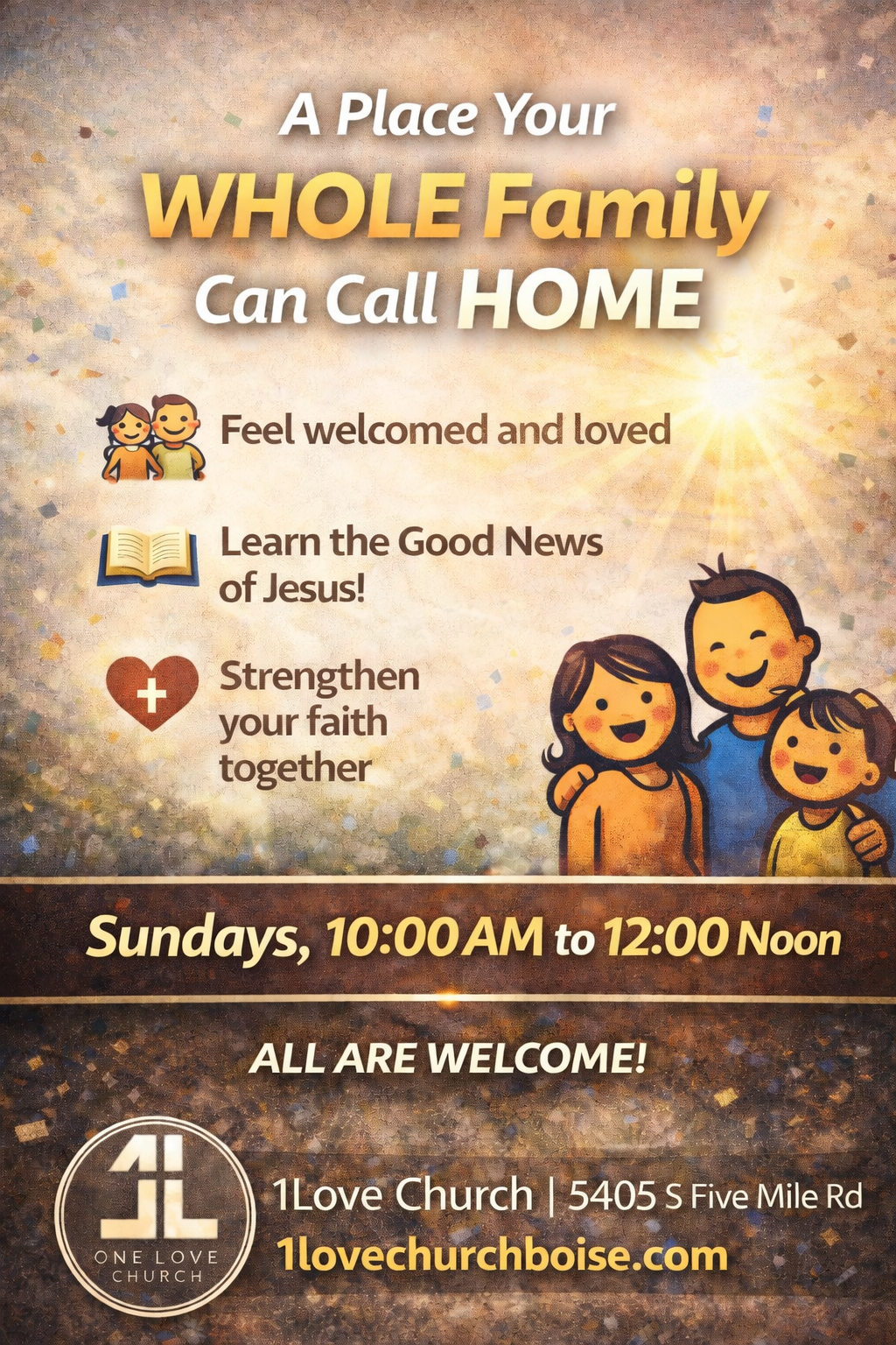 Sunday Worship Flyer at 1Love Christian Church in Boise — A Place the Whole Family Can Call Home