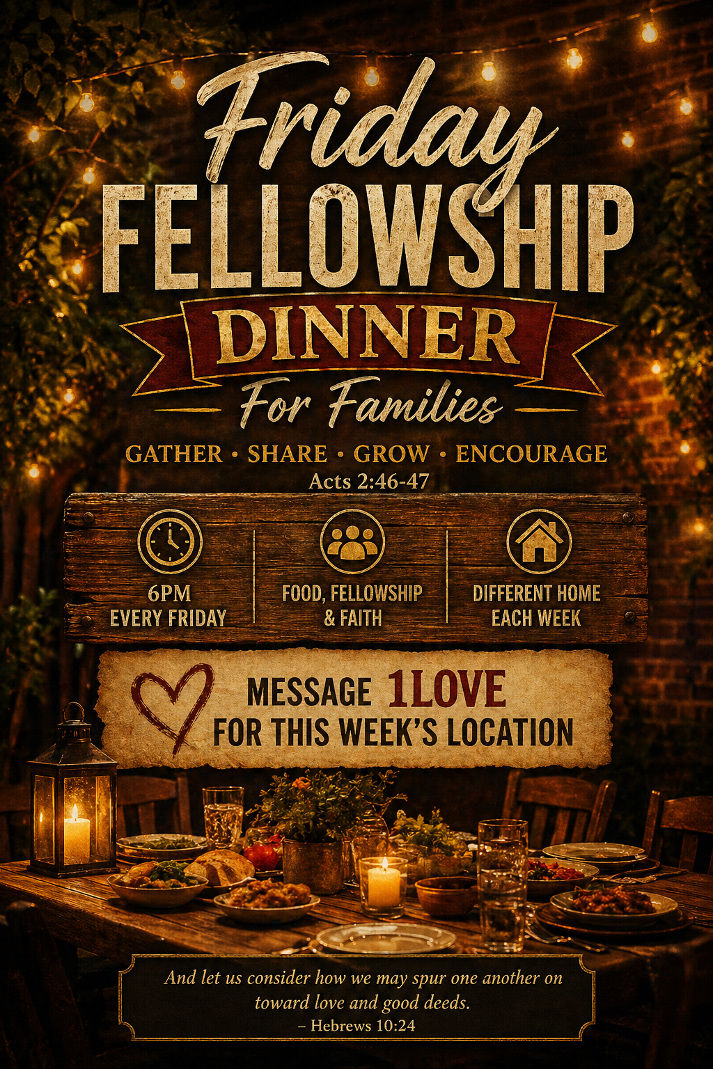 Friday Fellowship flyer at 1Love Christian Church in Boise — Friday evening fellowship dinner and community