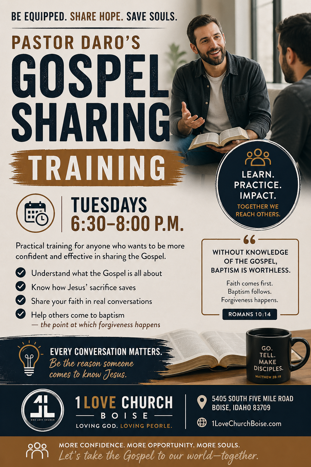 Gospel-Sharing Training flyer at 1Love Christian Church in Boise — learn to share your faith
