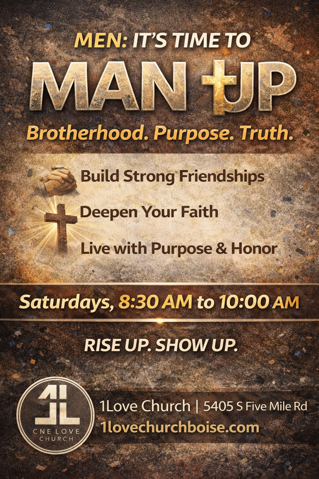 Man Up Men's Ministry flyer at 1Love Christian Church in Boise — Saturday morning men's fellowship and growth