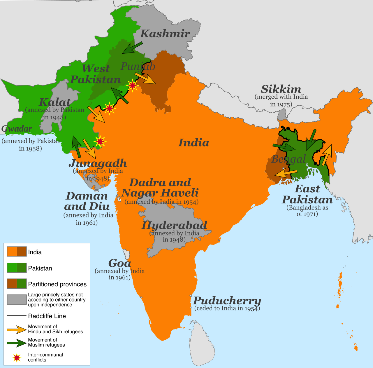 Partition of India 1947 map showing the division into India and Pakistan