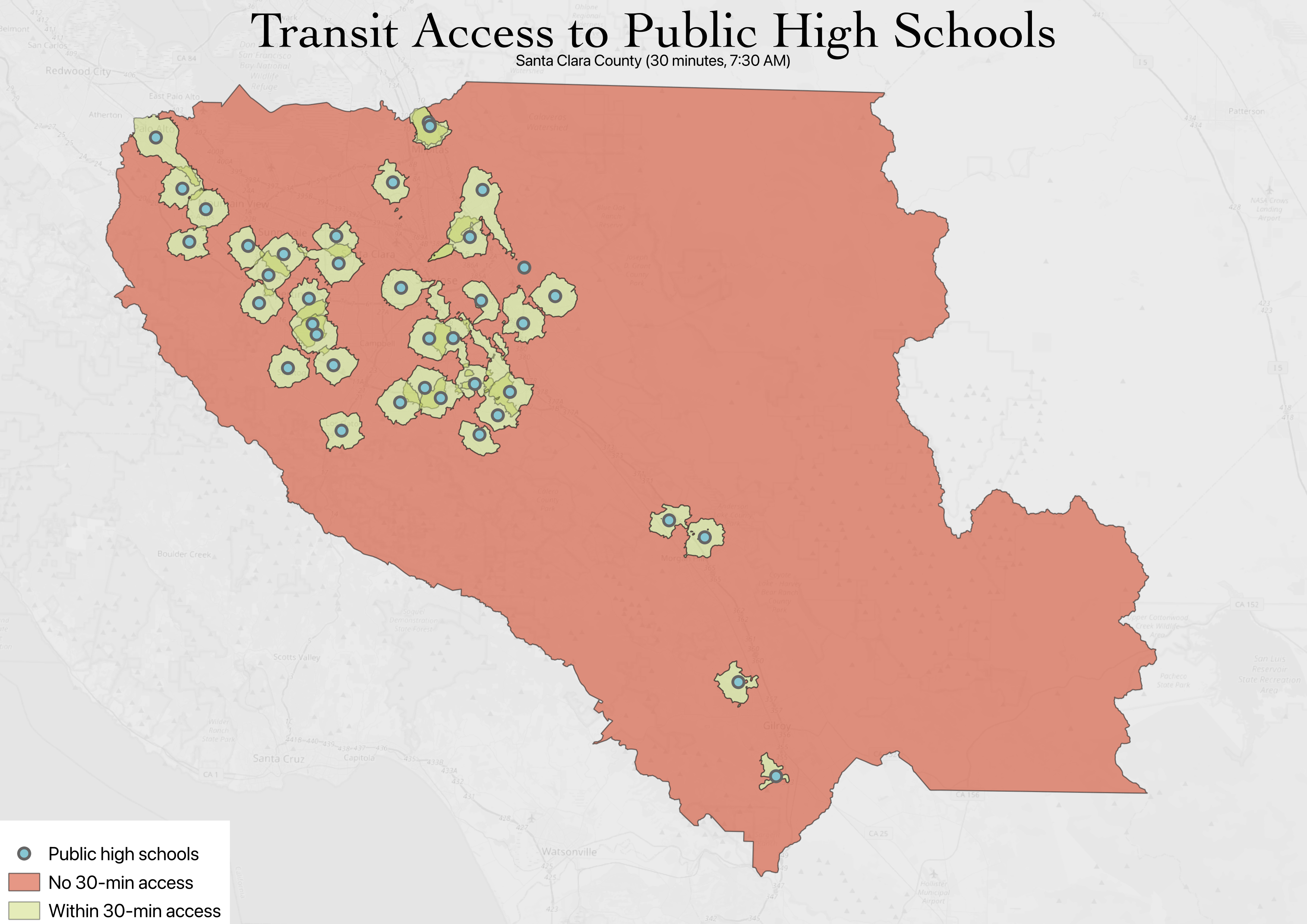 GIS isochrone map showing 30-minute transit zones around public high schools in Santa Clara County
