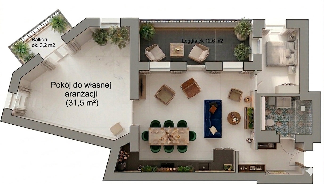 Wizualizacja apartamentu 87 m² ul. Pomorska 35 Bydgoszcz – układ pomieszczeń