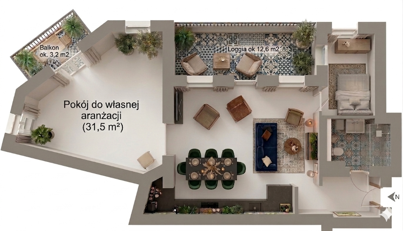 Rzut 3D apartamentu 87 m² ul. Pomorska 35 Bydgoszcz – układ pomieszczeń