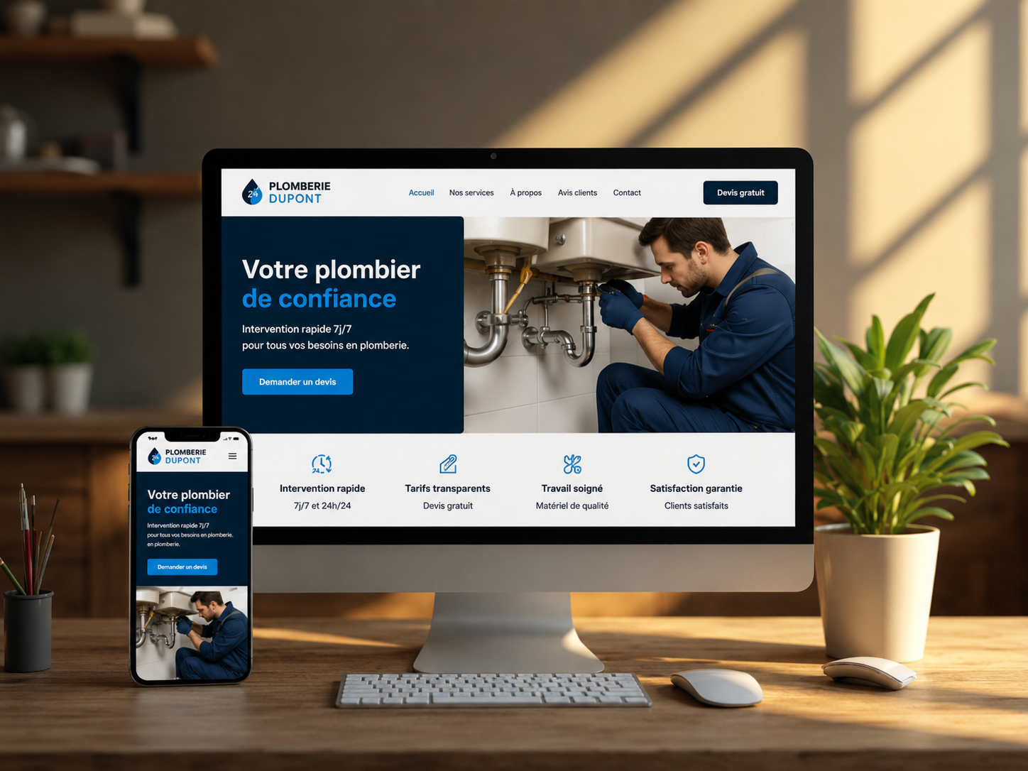 Mockup site web plombier professionnel sur ordinateur et mobile