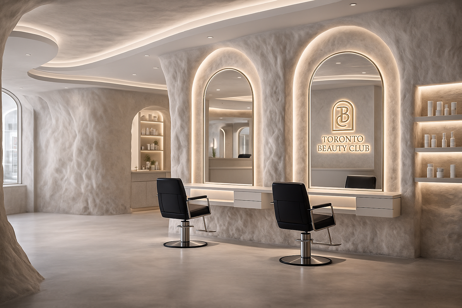 Salon styling stations with arched mirrors