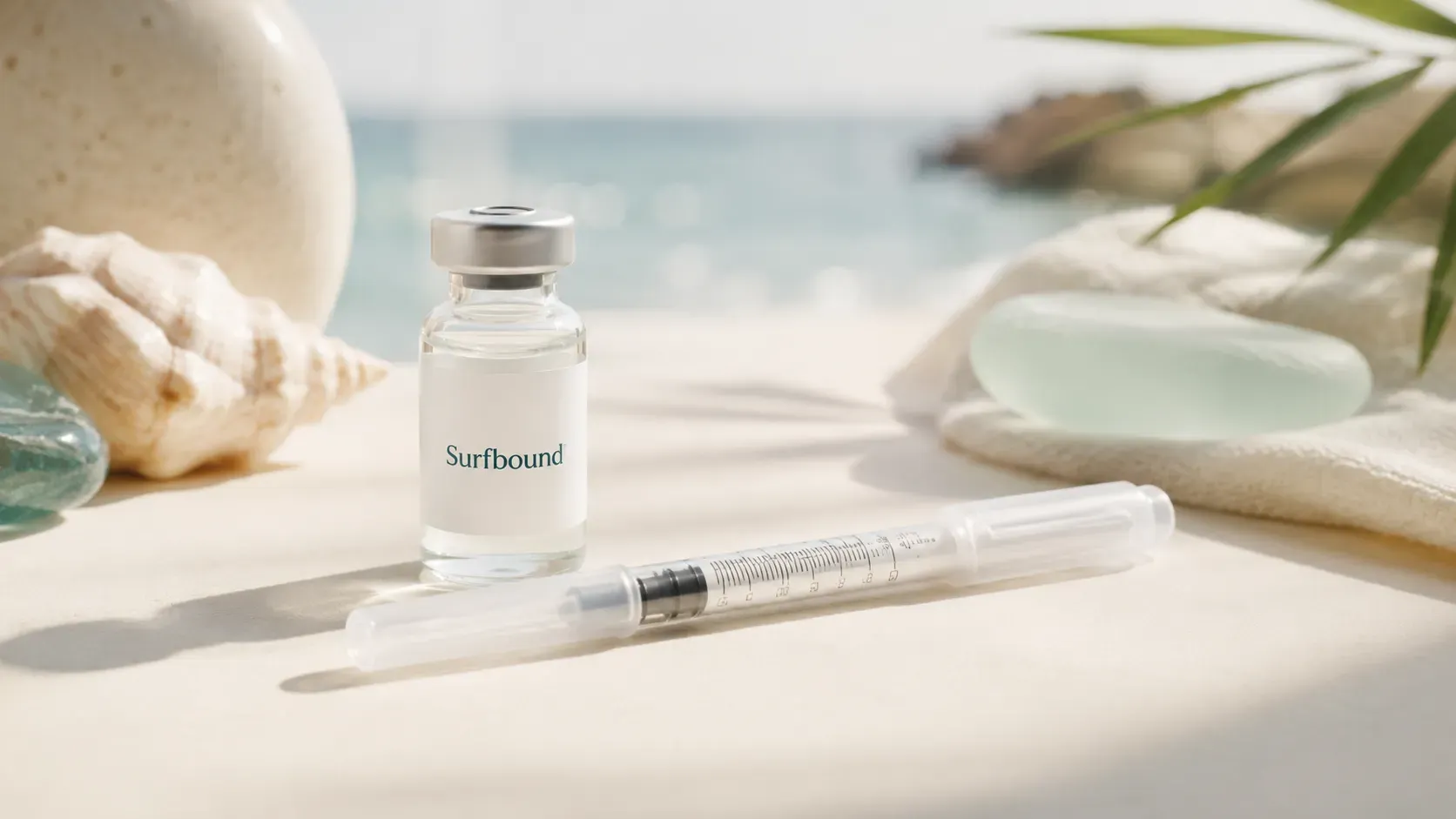 Injectable semaglutide — weekly injection administration route | Surfbound Health Small sterile clear glass peptide vial with metal crimp cap and slender medical syringe with needle beside it on warm cream limestone surface, soft coastal natural daylight from upper left, minimalist medical still life suggesting injectable medication route, no text no labels no logos no people, premium editorial product photography, warm neutral clinical aesthetic, soft realistic shadows, clean simple composition
