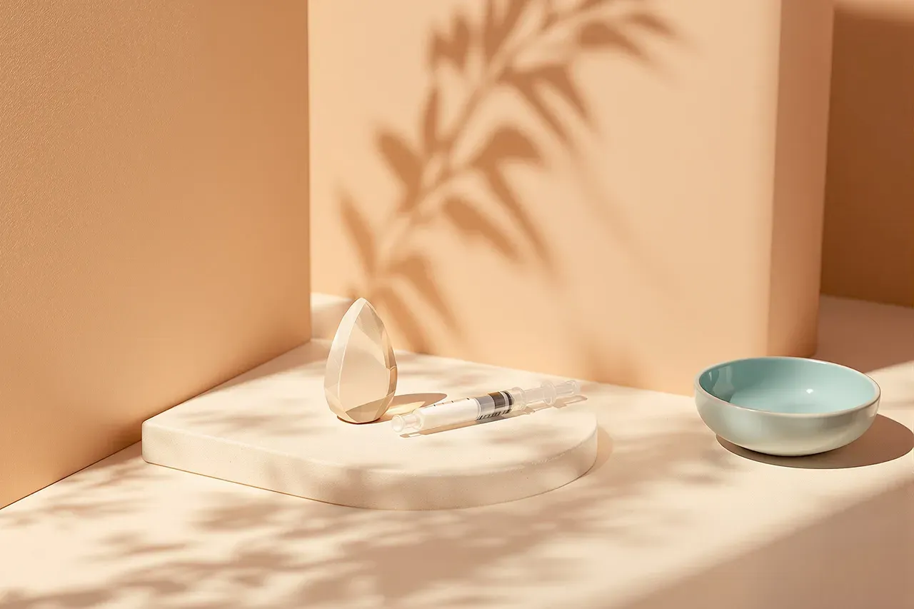 Oral semaglutide — daily pill administration route | Surfbound Health Small amber glass dropper bottle on warm cream limestone surface, subtle soft coastal natural daylight from upper left, minimalist medical still life suggesting oral medication route, no text no labels no logos no people, premium editorial product photography, warm neutral clinical aesthetic, soft realistic shadows, clean simple composition
