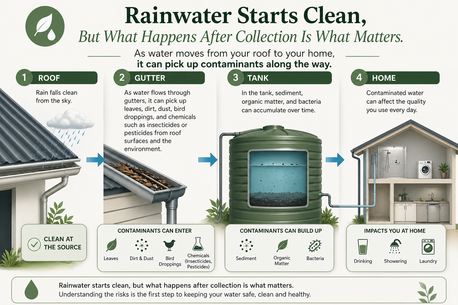 4-stage rainwater journey infographic: Roof, Gutter, Tank, House