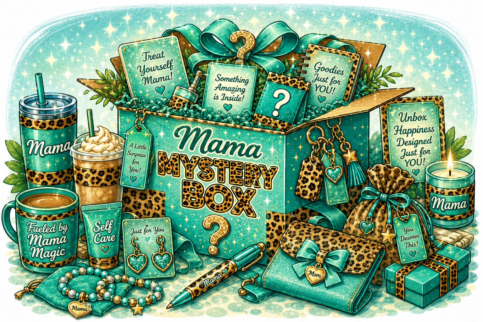 Mama Mystery Box — 15-20 handpicked items for moms including everything from Mama Scoops plus freshies, custom car coasters, candles, jewelry, spa treats, and keepsakes