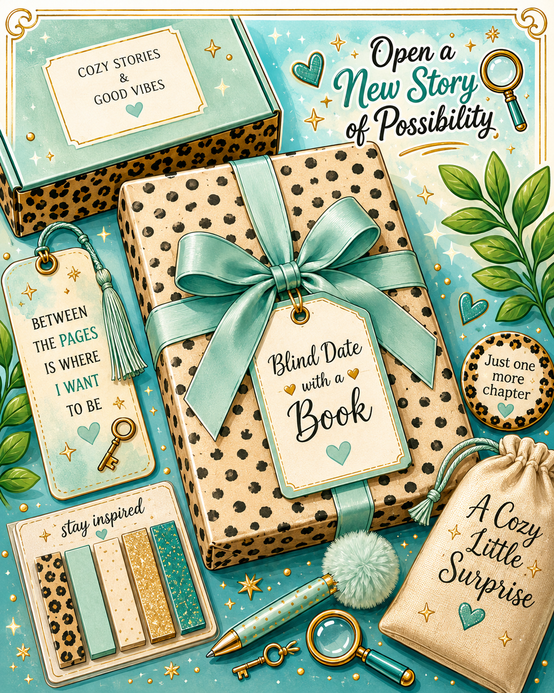 Blind Date with a Book mystery wrapped book gift set with bookmarks pens stickers and accessories