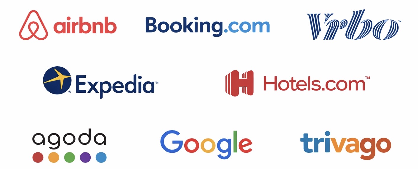 Booking platform integrations including Airbnb, Vrbo, Booking.com, Expedia, Hotels.com, Agoda, Google, Trivago and more