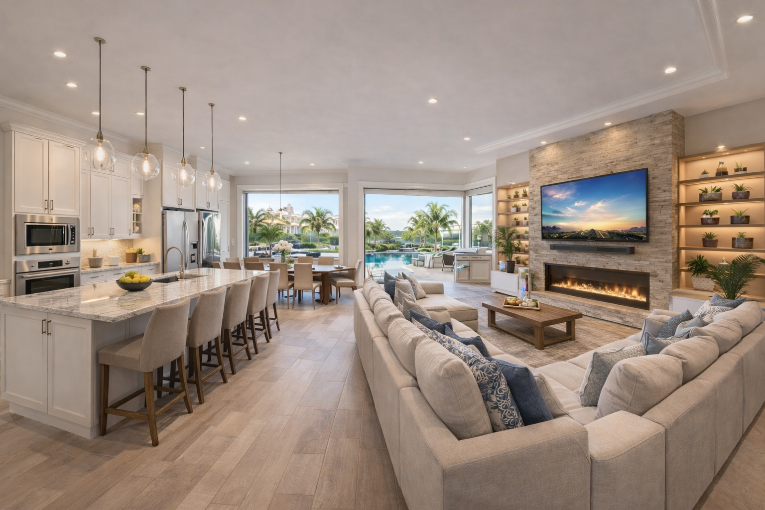 Luxury vacation home — bright kitchen and family room with pool view