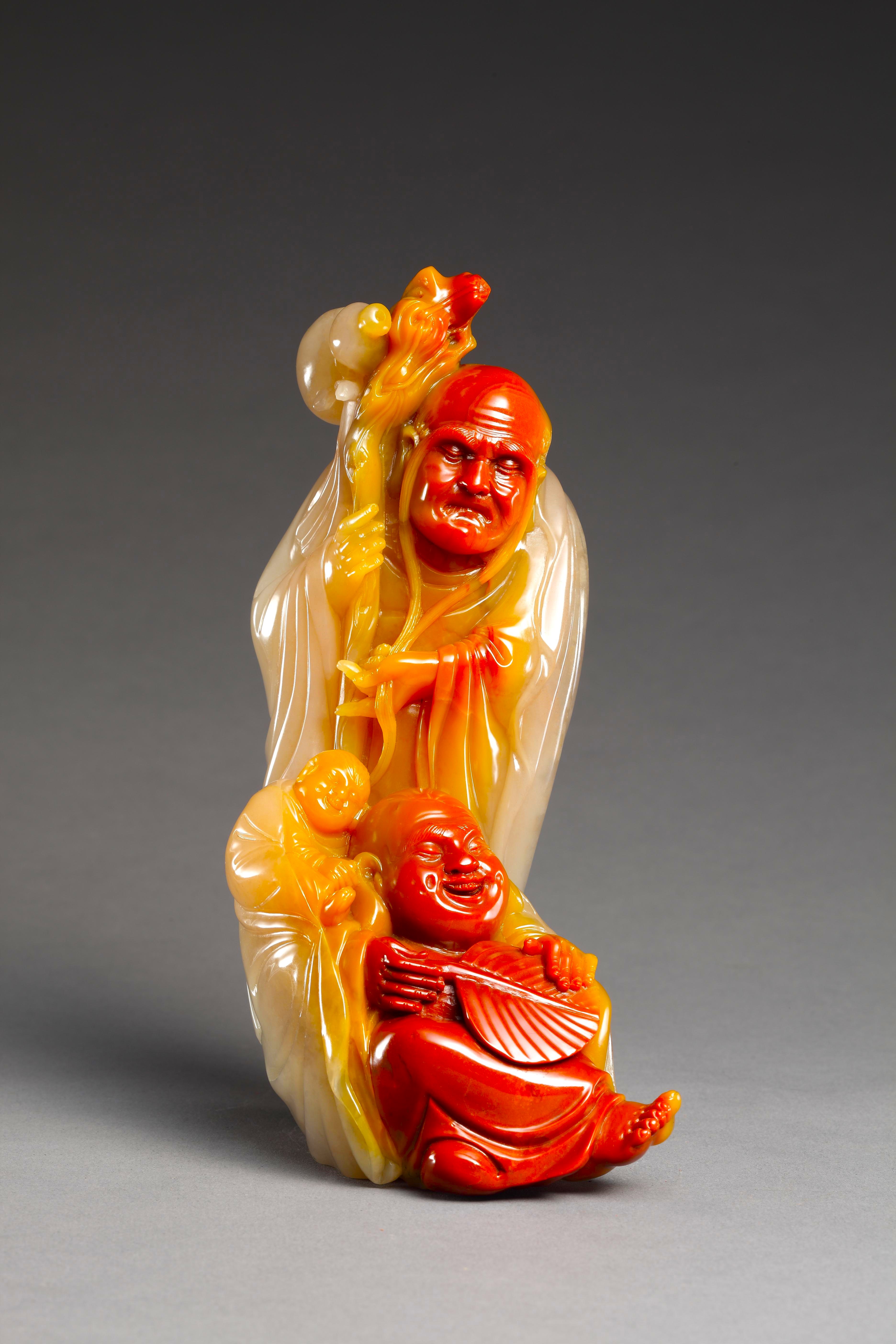 三色荔枝凍双羅漢擺件(陳益晶作)