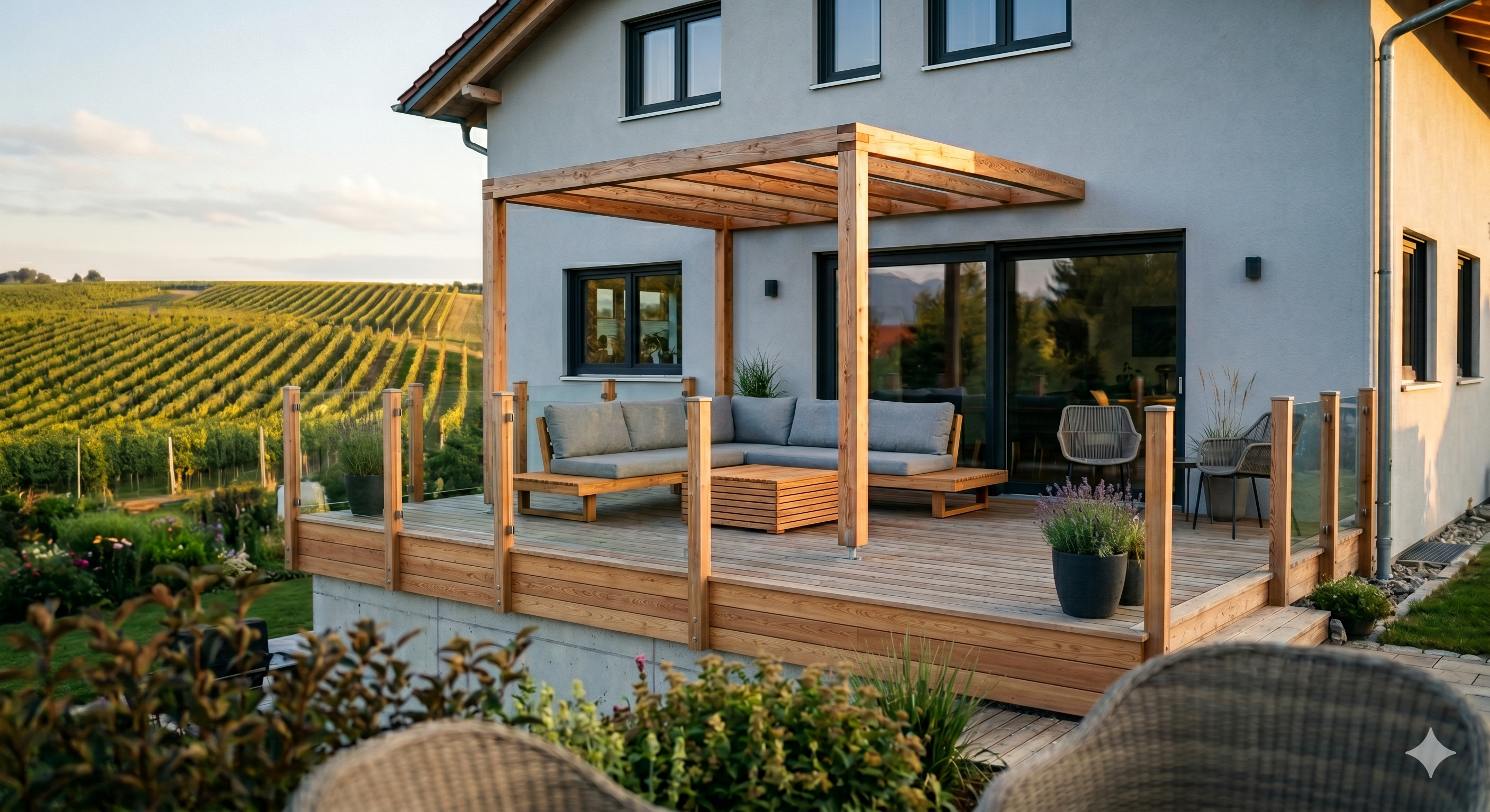Moderne Dachterrasse mit Holzdielen und Geländer auf Flachdach – LESNIKHAUS Zimmerei Heilbronn