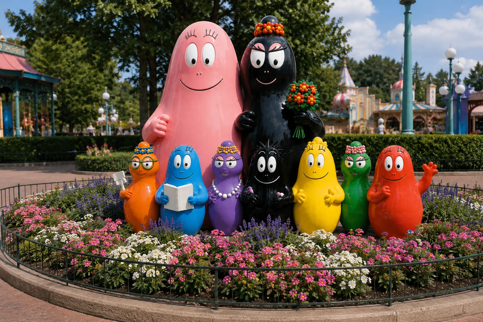 Barbapapa installation at theme park — wide view