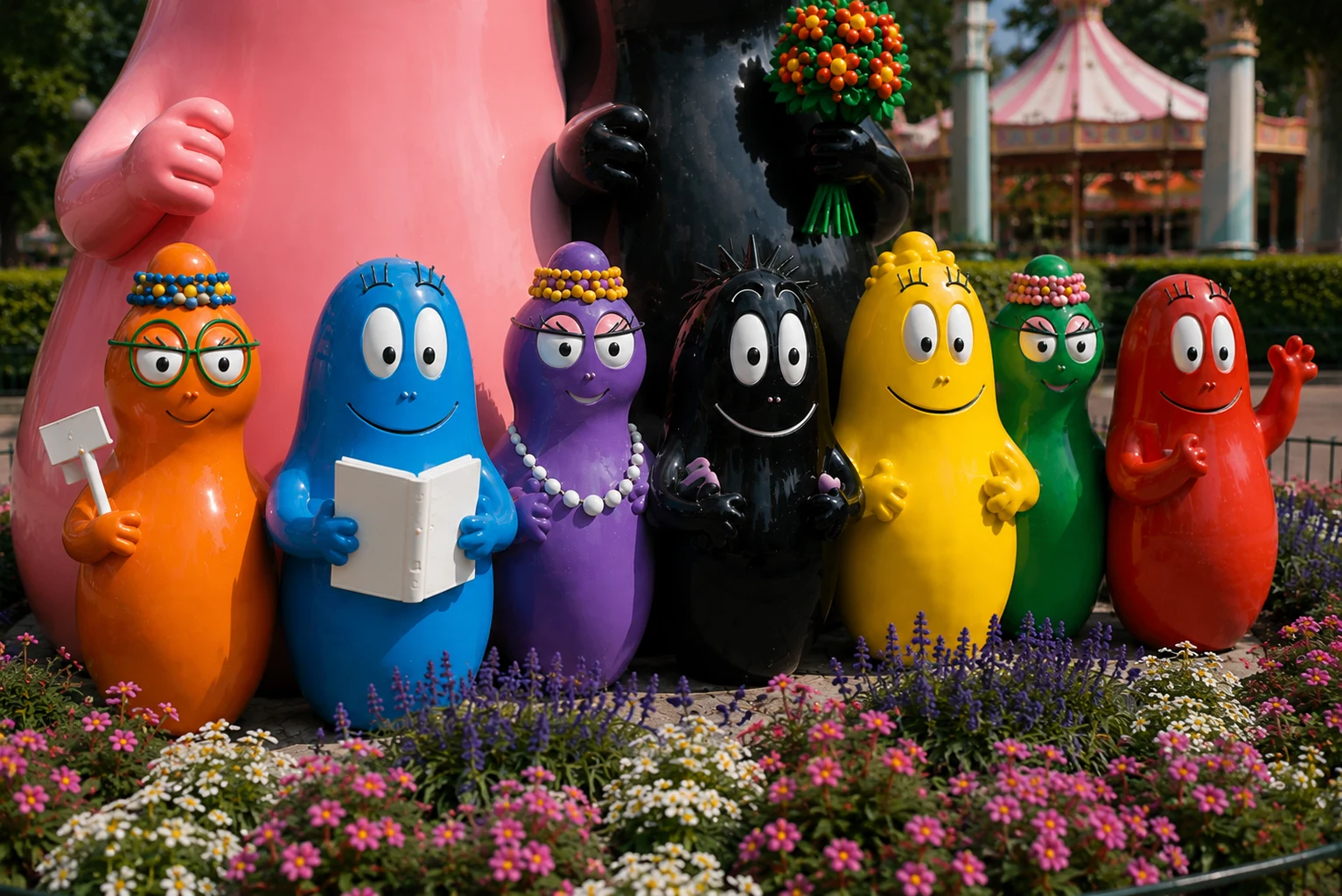 Barbapapa children in park flower bed — close-up