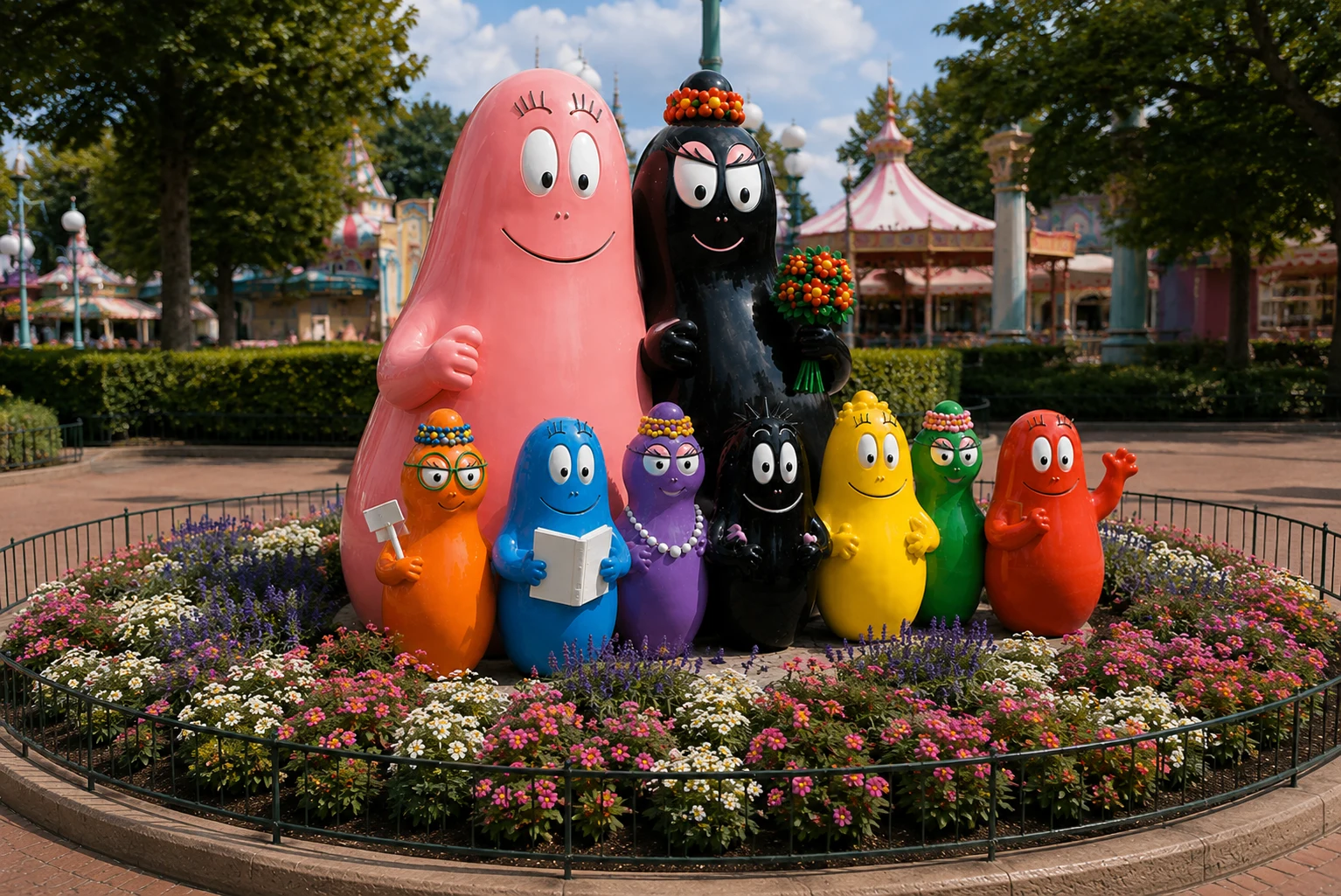 Barbapapa installation at theme park — angled view