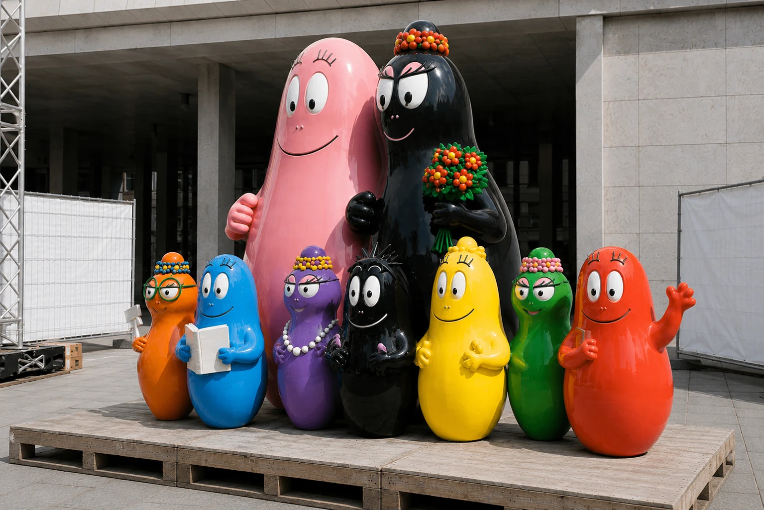 Barbapapa family painted — three-quarter view