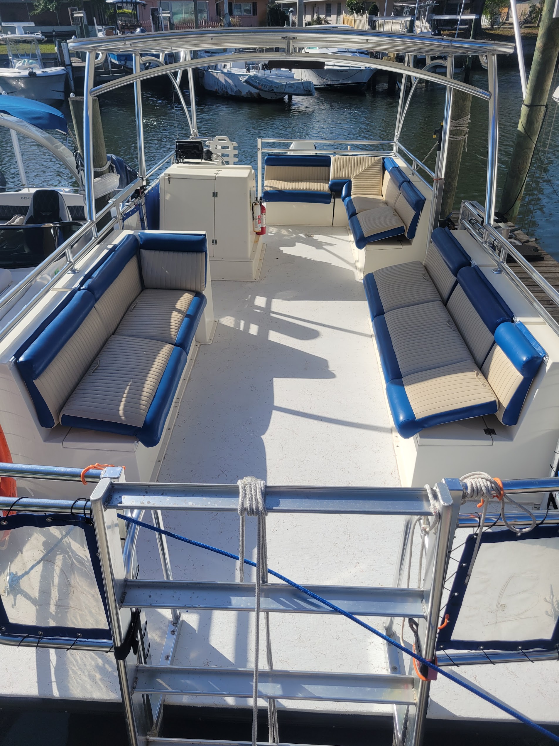 Boat deck before SafeFloor coating — plain white fiberglass