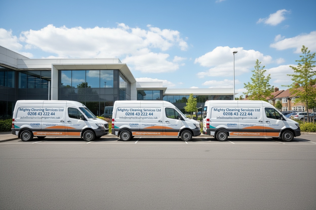 Mighty Cleaning Services Ltd fleet of vans in Northfleet