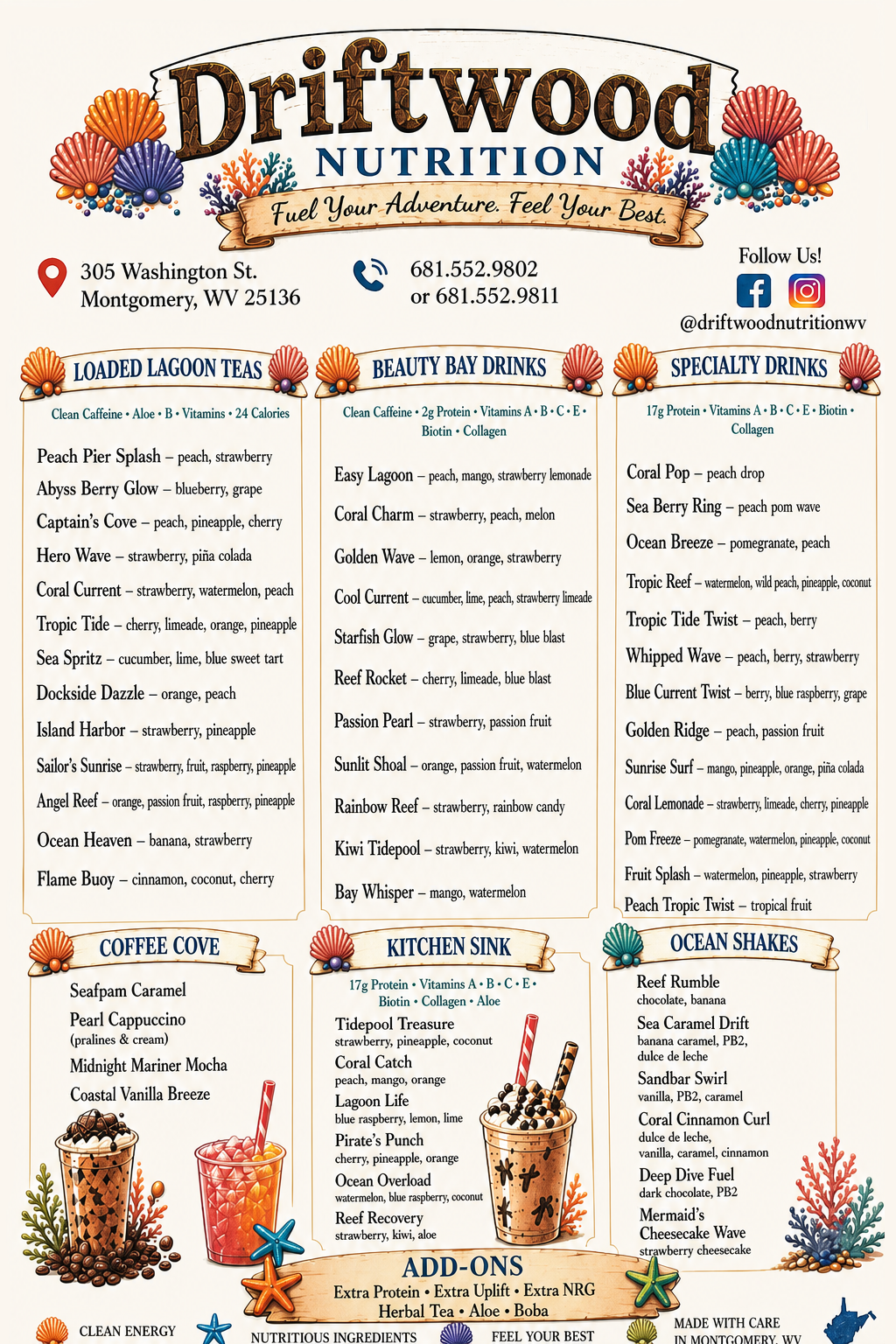 Driftwood Nutrition full menu - loaded teas, shakes, and snacks