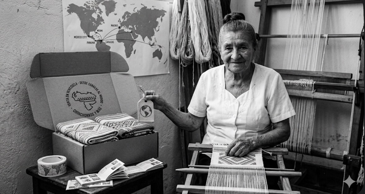 Artisan with packaging box and world map