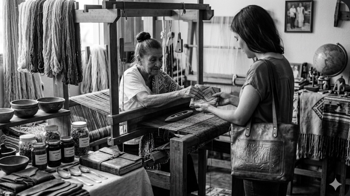 Artisan handing a product to a customer at a loom workspace