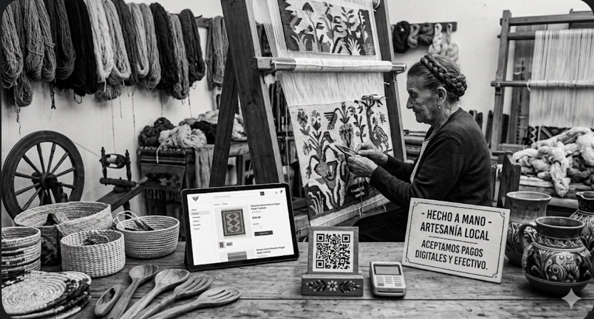 Artisan workspace with QR code, tablet, and payment signage