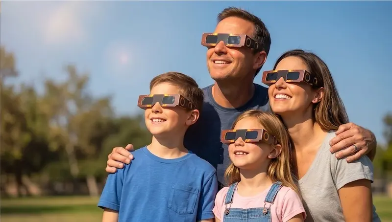 Famille observant l'éclipse avec les lunettes
