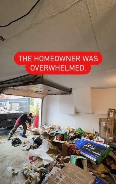 Before & after on a garage cleanout. This one was packed to the ceiling — we took care of it.