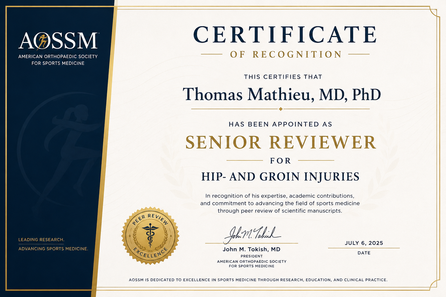 Reviewer Certificate — American Journal of Sports Medicine