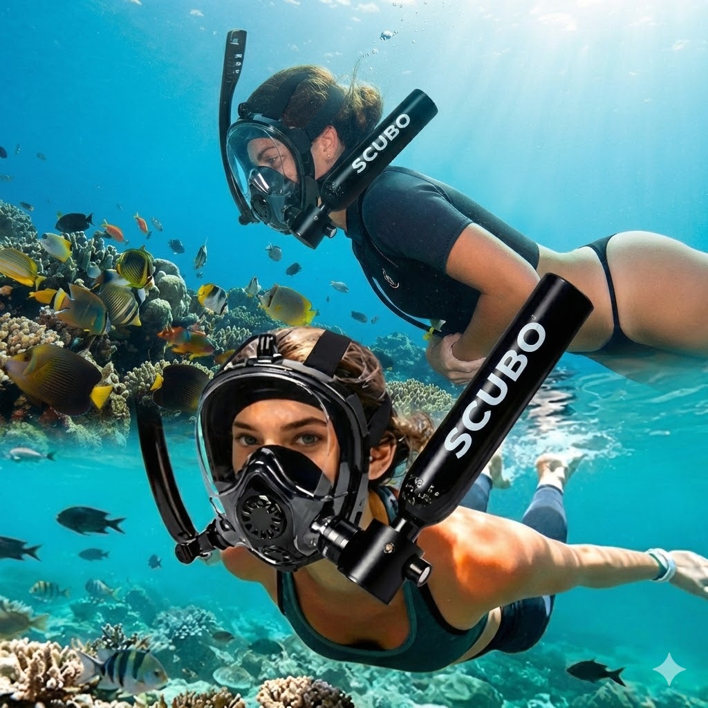 Buceadoras explorando aguas cristalinas de Mallorca con equipo premium