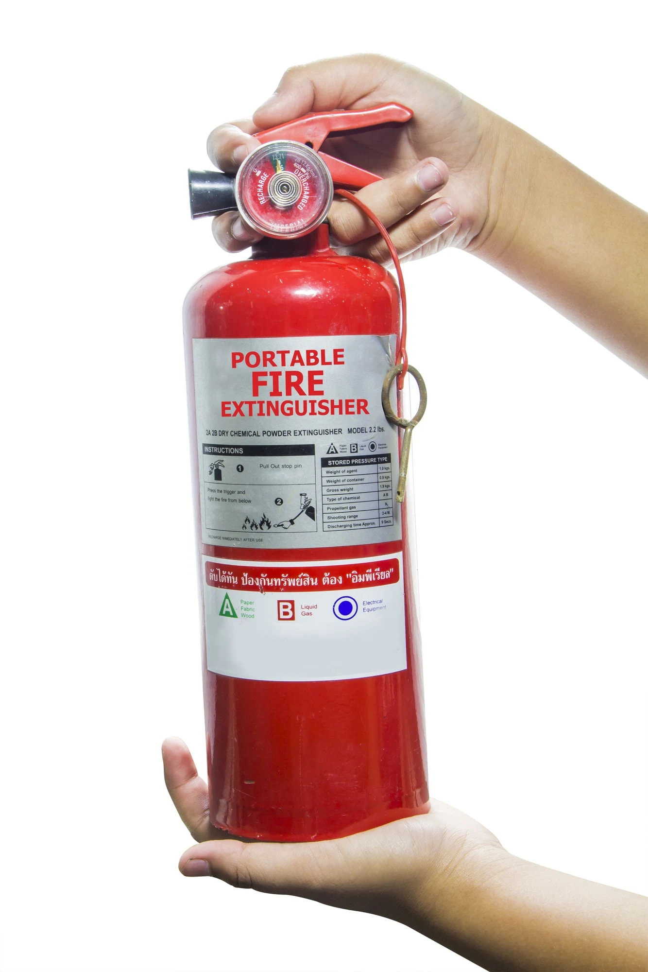 Portable fire extinguisher being held in hands showing detailed label and instructions