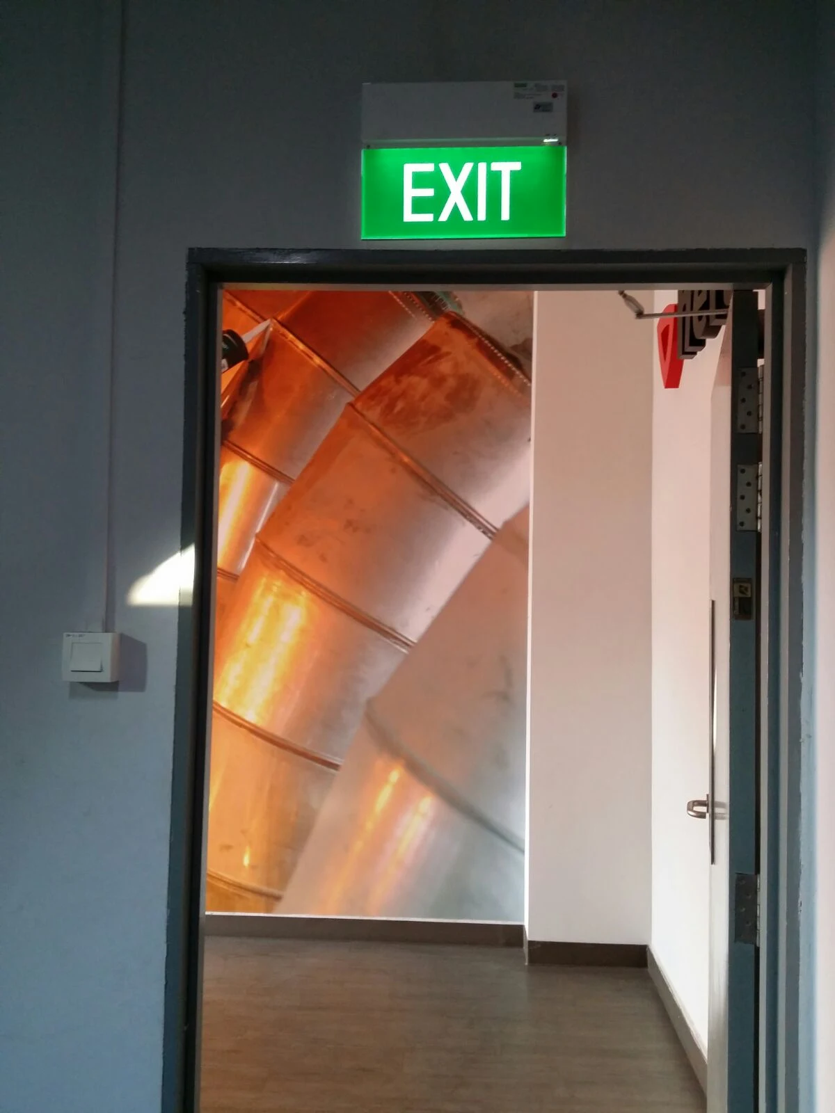 Ezzogenics emergency exit installation project Green EXIT sign above doorway with illuminated stairwell in Singapore building