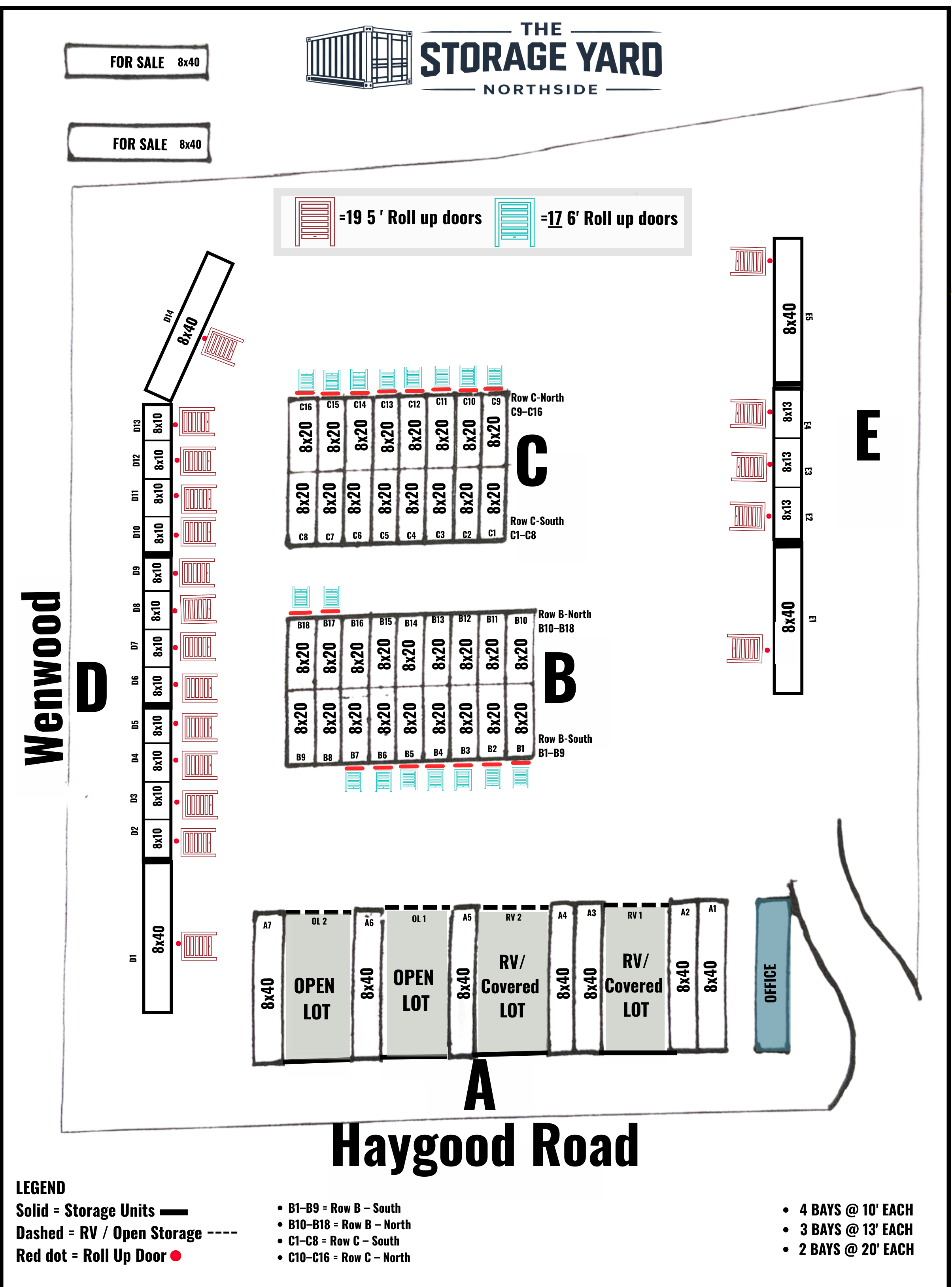 Facility layout diagram showing all storage unit locations at The Storage Yard At Northside
