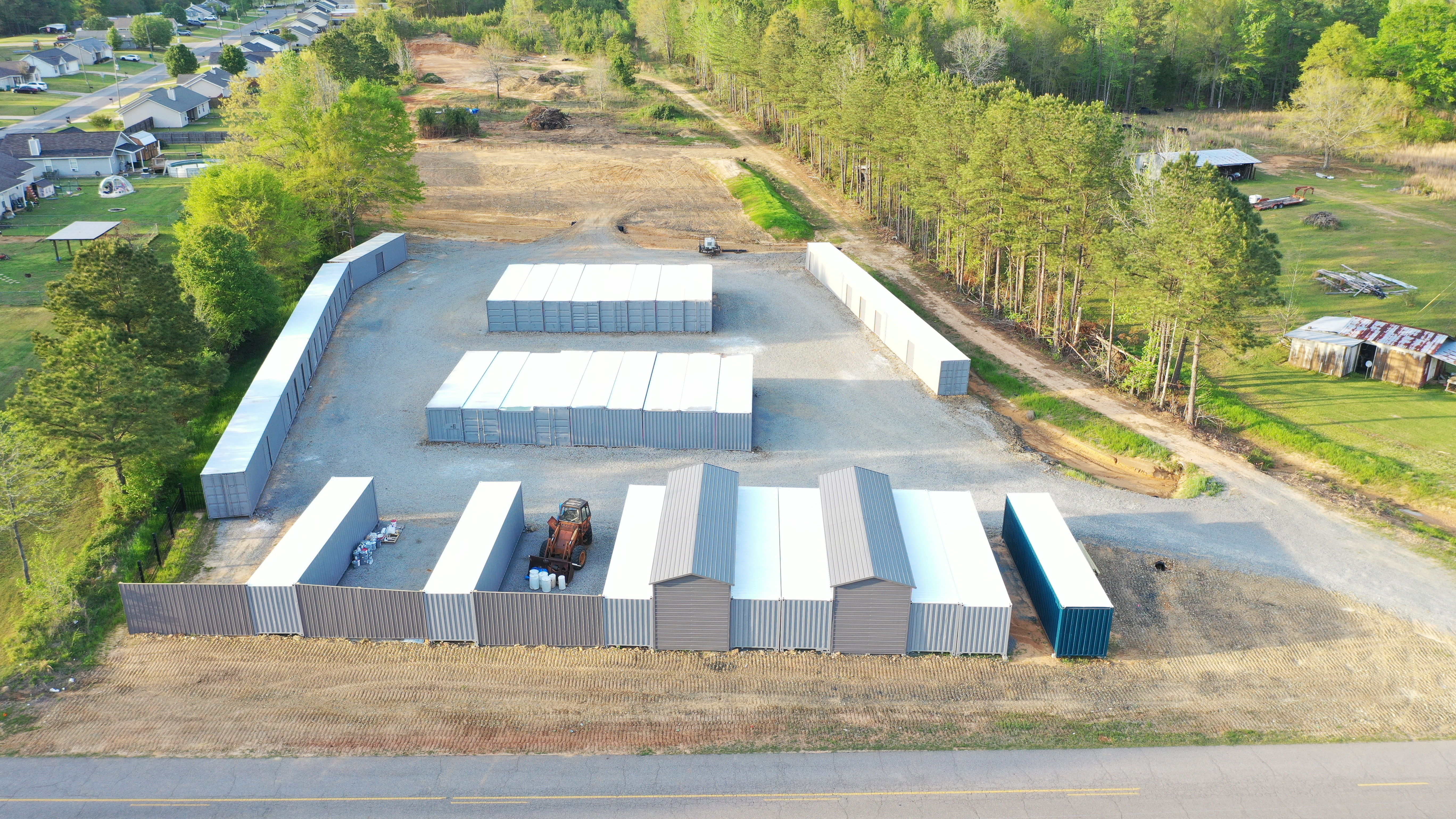 Aerial view of The Storage Yard At Northside in Berry Alabama showing crate storage units and RV parking